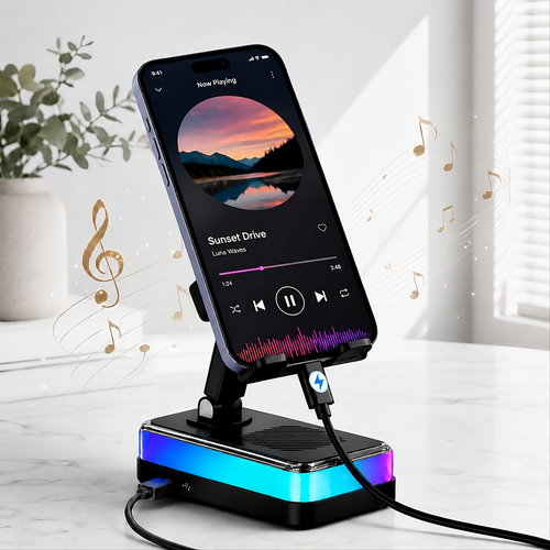 PTEM 7-in-1 Wireless Induction Speaker Stand – Adjustable Phone & Tablet Dock with RGB Light