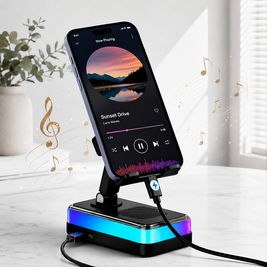 PTEM 7-in-1 Wireless Induction Speaker Stand – Adjustable Phone & Tablet Dock with RGB Light