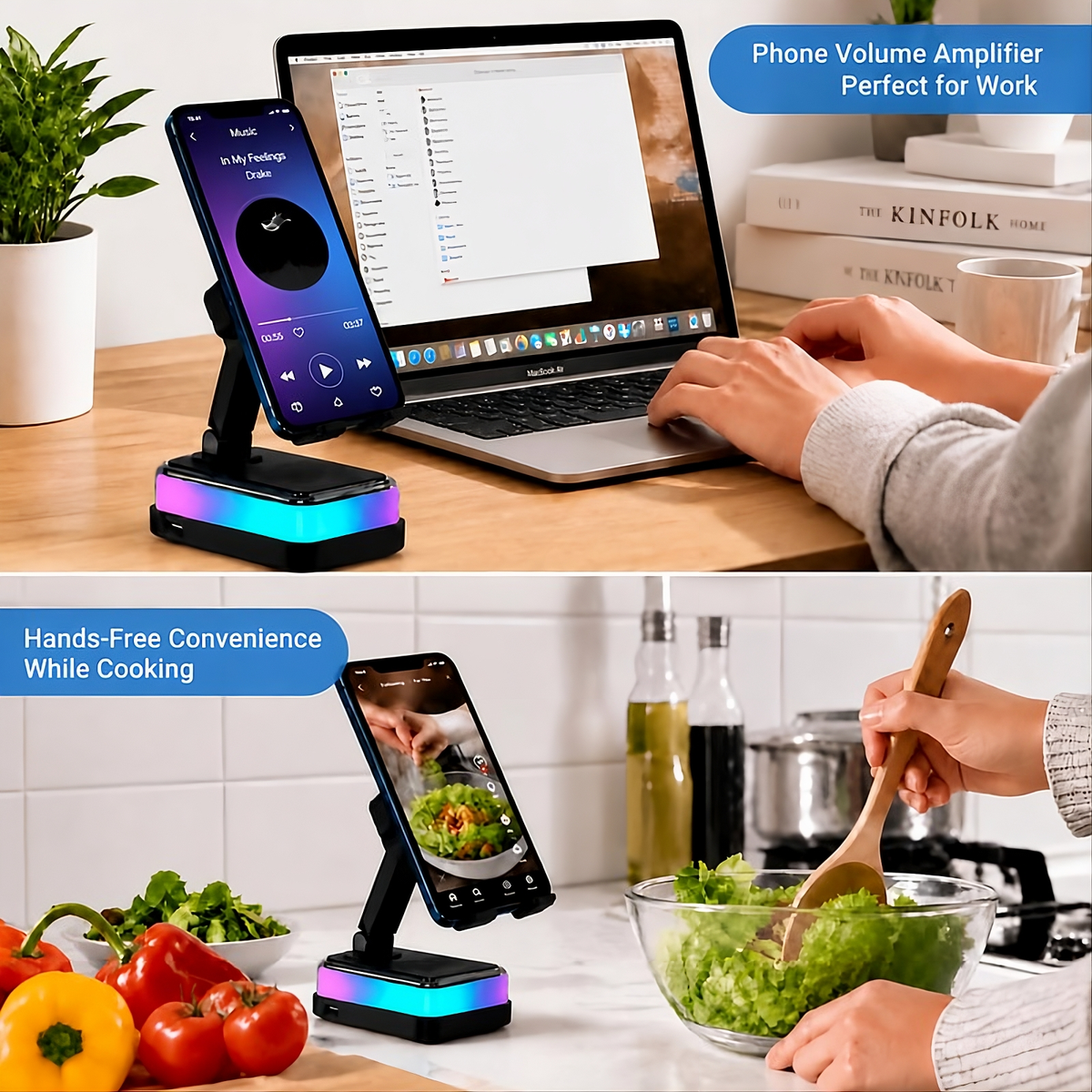 PTEM 7-in-1 Wireless Induction Speaker Stand – Adjustable Phone & Tablet Dock with RGB Light