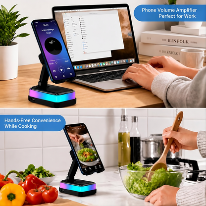 PTEM 7-in-1 Wireless Induction Speaker Stand – Adjustable Phone & Tablet Dock with RGB Light