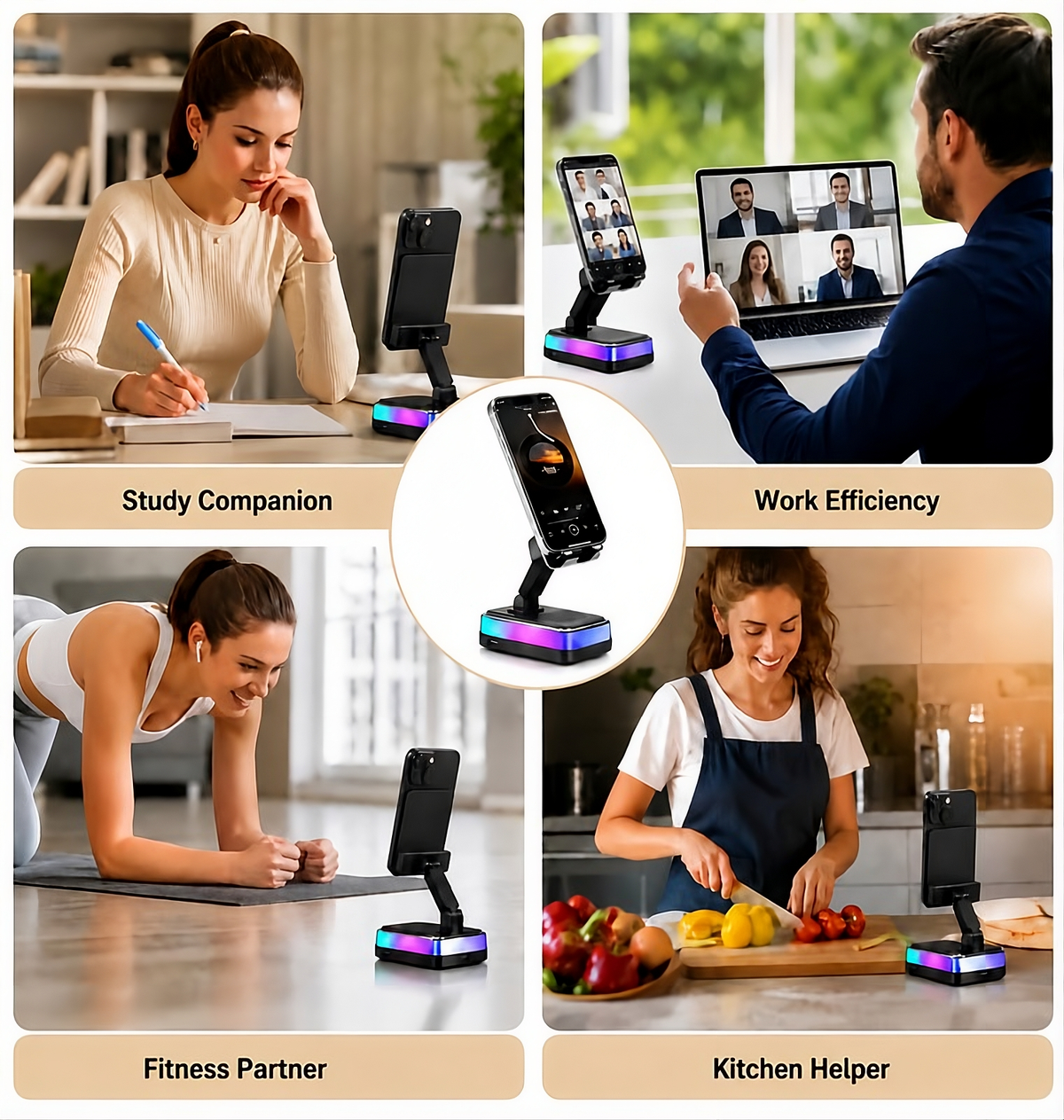 PTEM 7-in-1 Wireless Induction Speaker Stand – Adjustable Phone & Tablet Dock with RGB Light