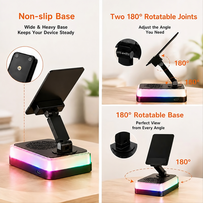 PTEM 7-in-1 Wireless Induction Speaker Stand – Adjustable Phone & Tablet Dock with RGB Light