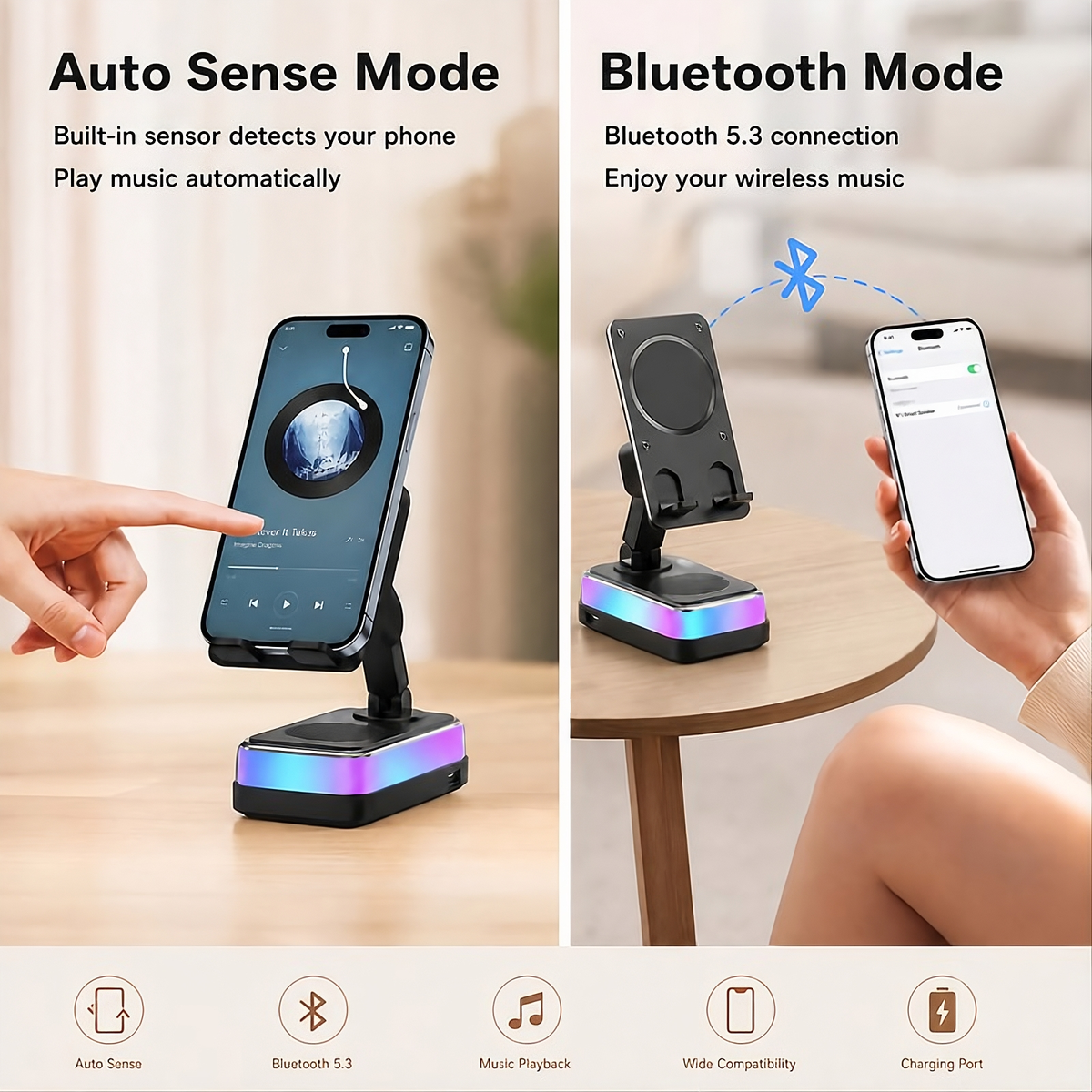 PTEM 7-in-1 Wireless Induction Speaker Stand – Adjustable Phone & Tablet Dock with RGB Light