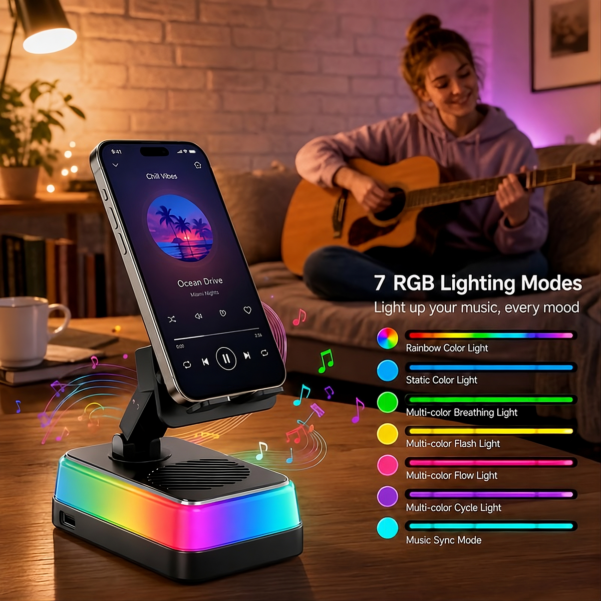 PTEM 7-in-1 Wireless Induction Speaker Stand – Adjustable Phone & Tablet Dock with RGB Light