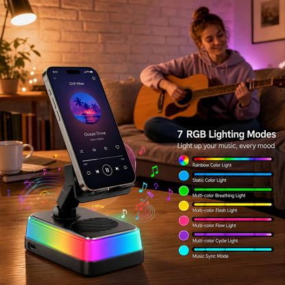 PTEM 7-in-1 Wireless Induction Speaker Stand – Adjustable Phone & Tablet Dock with RGB Light