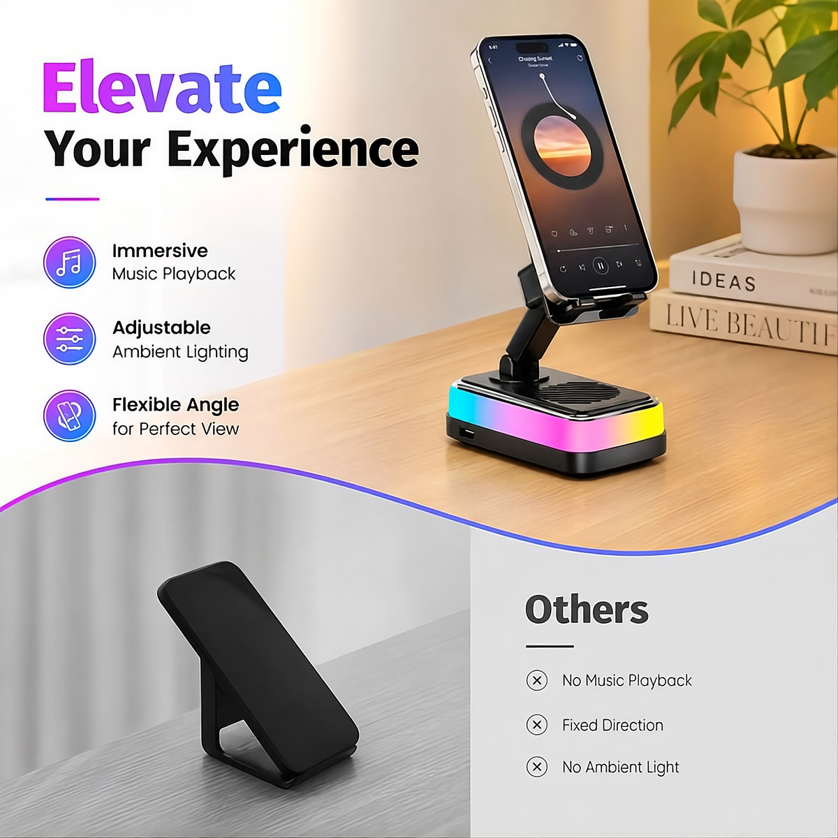 PTEM 7-in-1 Wireless Induction Speaker Stand – Adjustable Phone & Tablet Dock with RGB Light