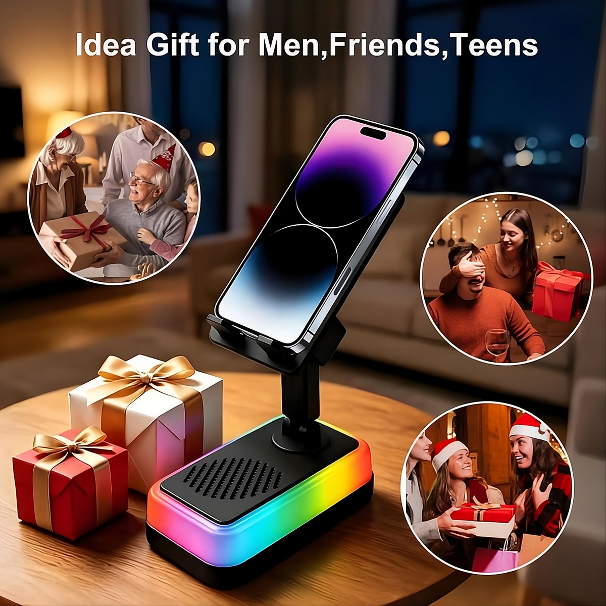PTEM 7-in-1 Wireless Induction Speaker Stand – Adjustable Phone & Tablet Dock with RGB Light